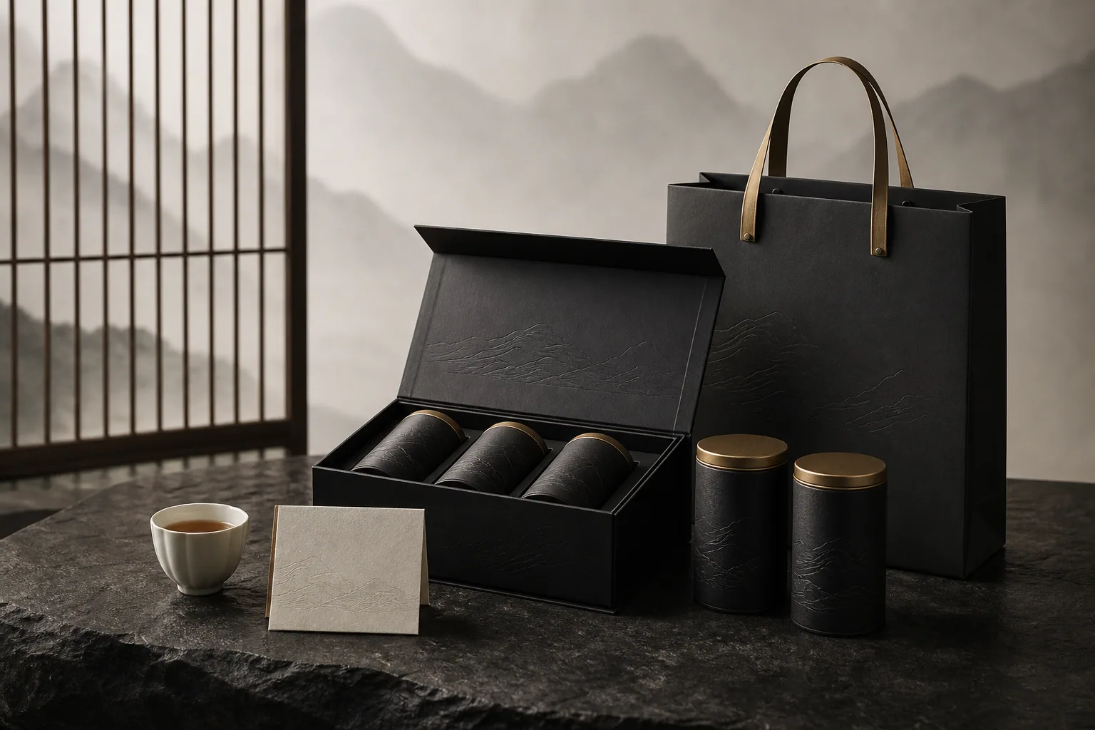 堃道茶礼盒、茶罐、手提袋与茶席组合