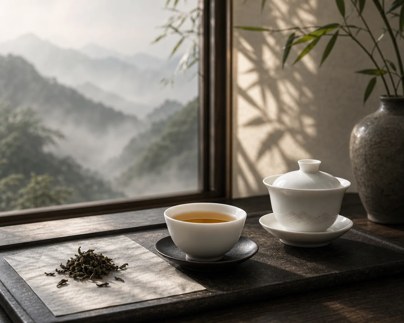 窗边白瓷茶杯日常静饮